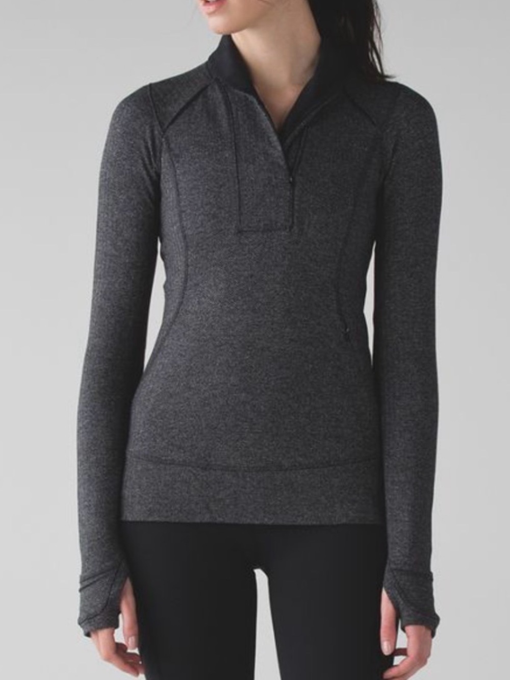 Lululemon heathered herringbone black grey Think Fast 1/4 Zip Pullover sz 10